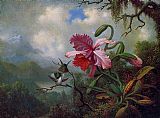 Orchid Canvas Paintings - Orchid and Hummingbirds near a Mountain Lake